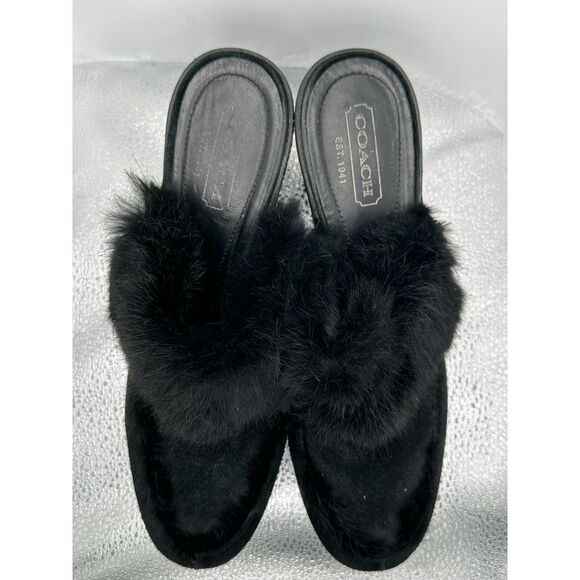 COACH Kaela Black Suede Rabbit Fur Slip On Clogs Mules With Wedge Heels - US 9 - Picture 1 of 11